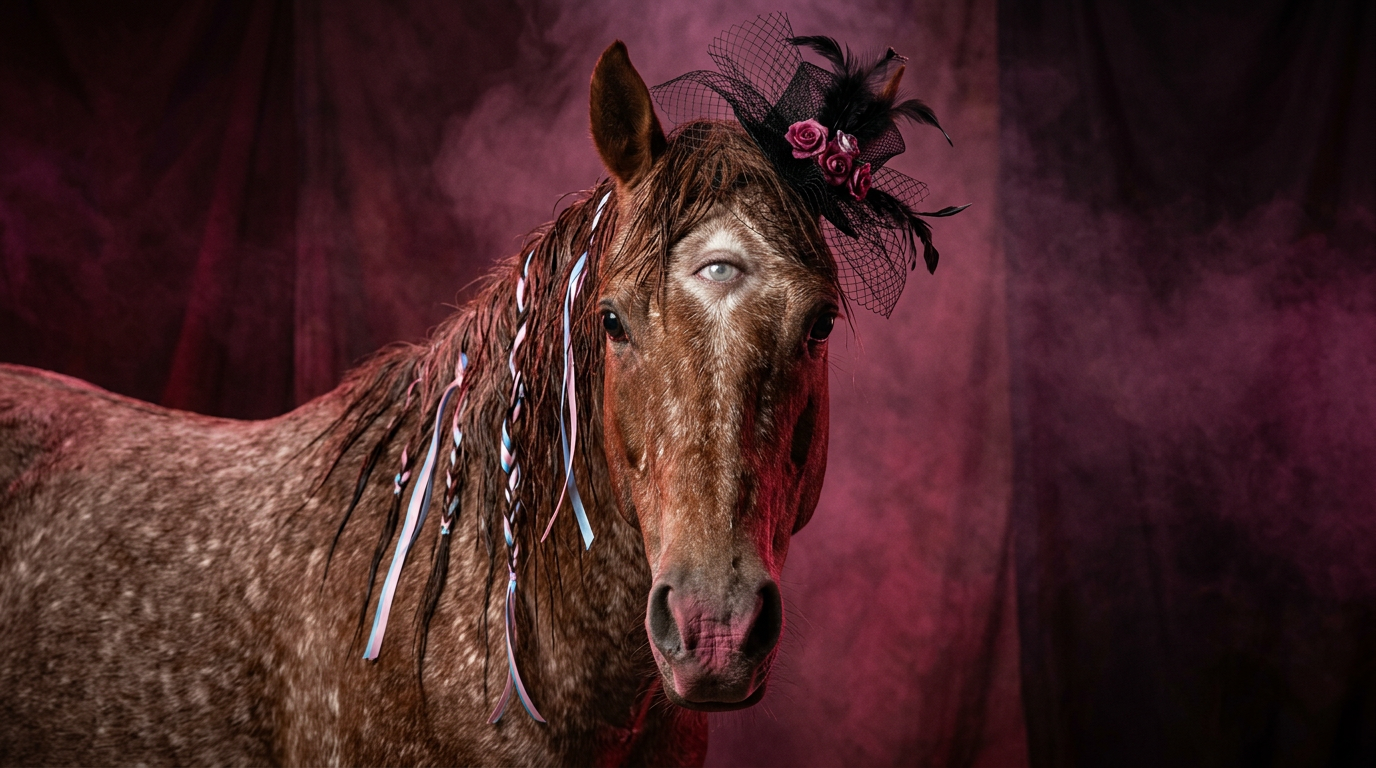 Strawberry roan horse with fishnet fascinator and trans flag ribbons