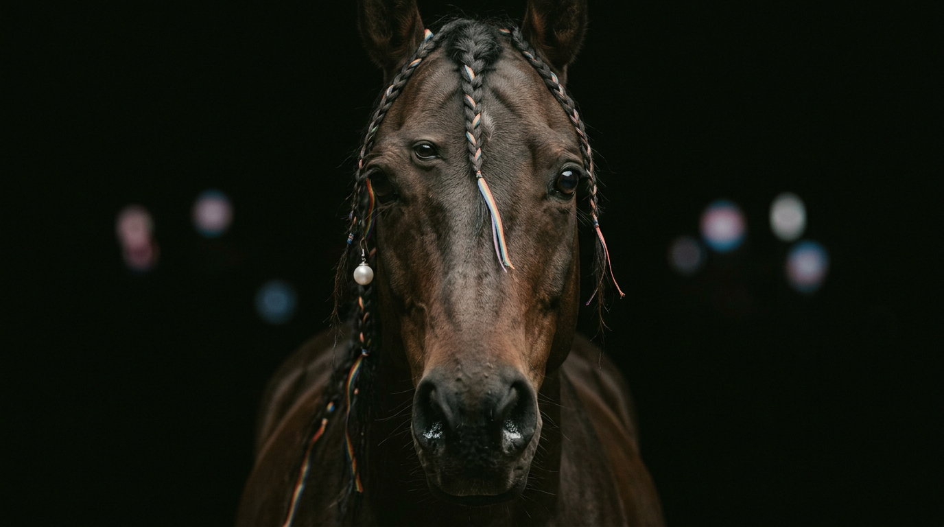 Dark horse with rainbow ribbons braided into the mane