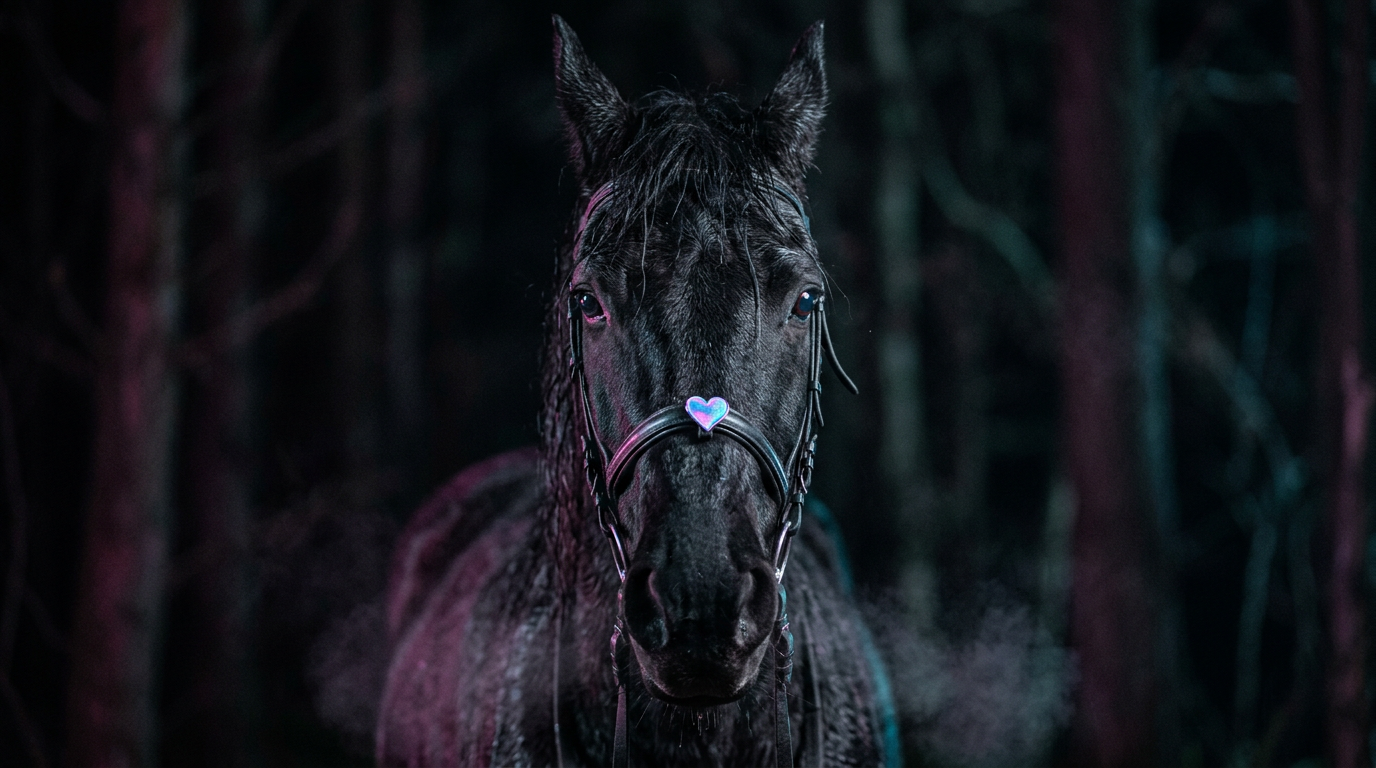 Black horse with magenta and cyan rim light and a holographic heart pin