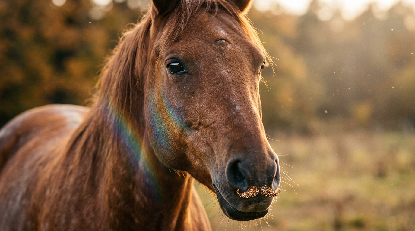 Chestnut horse with iridescent rainbow shimmer and glitter mustache