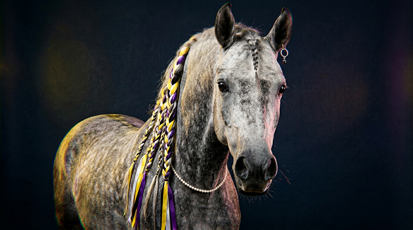 Dapple grey horse with non-binary flag braids and pearl choker