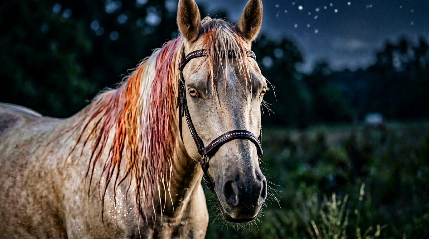 Pale palomino horse with damp orange and pink mane